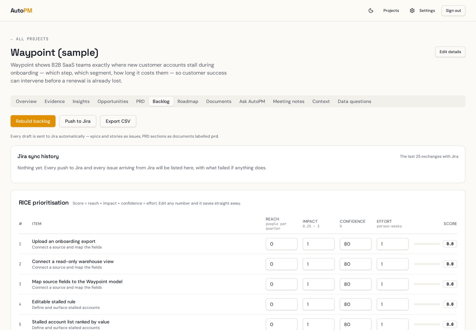 The Auto PM backlog with epics, stories and Jira issue keys