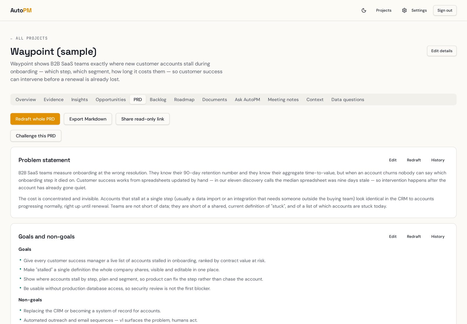 A PRD in Auto PM with editable sections and version history